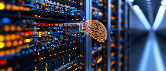 Aufkleber - giant fingerprint hovers above computer screen, symbolizing digital security and identity verification in data center filled with illuminated servers