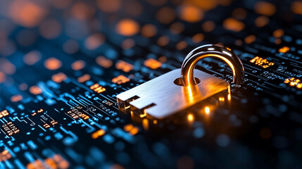 Poster - golden padlock rests on digital matrix, symbolizing security and protection in digital age. vibrant background highlights importance of cybersecurity
