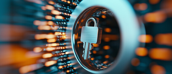 Poster - giant keyhole reveals digital world filled with glowing data streams, symbolizing security and access. padlock represents protection in vast matrix of information