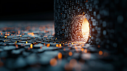 Poster - giant keyhole in center of vast matrix of digital elements creates mesmerizing visual. glowing light emanating from keyhole adds sense of mystery and intrigue to scene