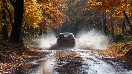 Poster - A car navigates down a rustic road flanked by vibrant autumn foliage, splashing through puddles while kicking up leaves.
