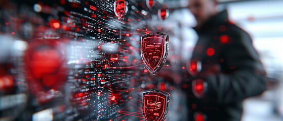 Poster - hacker interacts with digital interface filled with red access denied shields, symbolizing cybersecurity challenges and data protection. atmosphere conveys urgency and tension