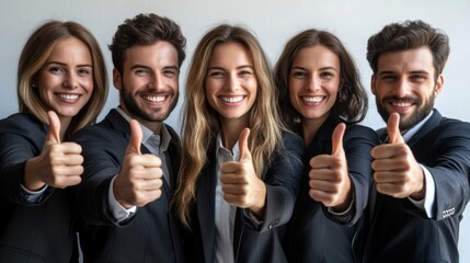 Five business people including men and women standing together in formal suits giving thumbs up enthusiastically while smiling against white background.