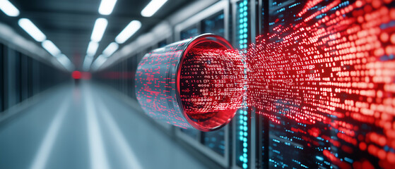 Poster - digital vault with binary code spilling out, symbolizing data security and technology. vibrant red code contrasts with sleek environment, evoking sense of innovation and protection