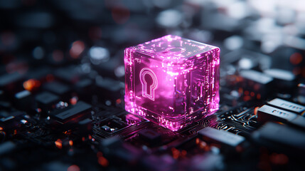 Poster - glowing pink safe symbolizes digital security and password management, set against backdrop of intricate circuit patterns. This evokes sense of protection and innovation in technology