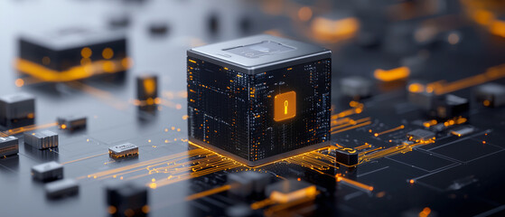 Aufkleber - glowing safe symbolizes digital security, surrounded by circuit patterns and microchips, representing advanced technology and data protection