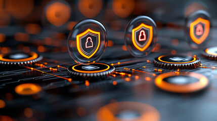 Poster - Digital security icons are displayed on futuristic circuit board, symbolizing protection and technology. glowing elements create sense of innovation and safety in digital realm