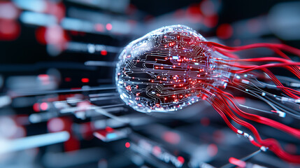Aufkleber - futuristic digital jellyfish with glowing circuits and flowing red tendrils represents fusion of technology and nature, evoking sense of wonder and innovation