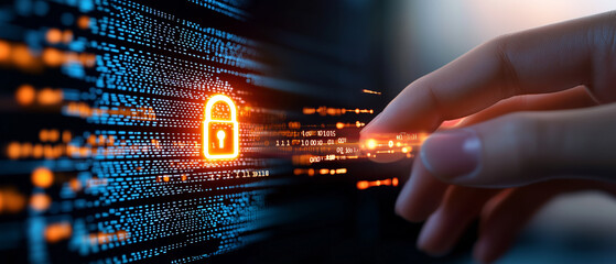 Poster - persons hand is hovering over glowing digital padlock, symbolizing cybersecurity and data protection. vibrant colors and digital elements evoke sense of innovation and security in digital world