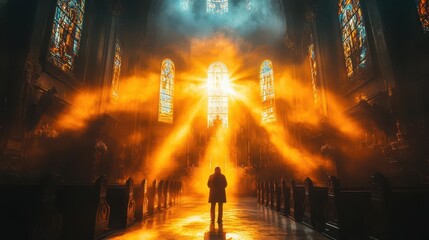 a spiritual scene inside a church featuring a person in prayer with a holy bible surrounded by warm light embodying faith reverence and inner peace in a sacred space