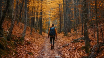 Poster - A person wearing a backpack strolls down a forest path covered in orange and brown leaves. The trees are tall and vibrant with autumn colors, creating a serene atmosphere in the woods.