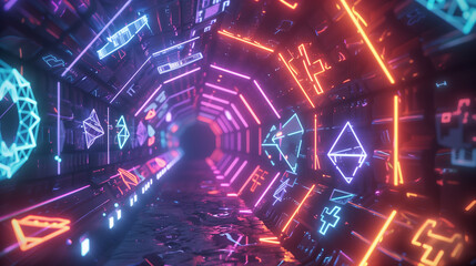 A glowing neon tunnel filled with futuristic geometric symbols and digital elements, creating a vibrant, cyberpunk atmosphere.  
