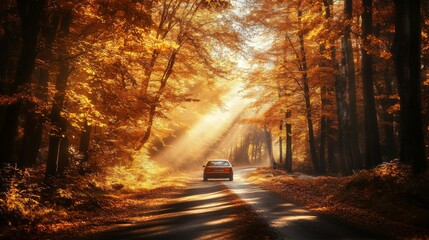 Poster - Bright rays of sunlight filter through the trees as a car navigates a peaceful road surrounded by vibrant autumn foliage. The warm golden hues create a serene atmosphere, perfect for a scenic drive.