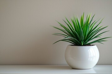 A Potted Plant with Green Leaves in a White Pot on a Shelf Against a Light Grey Wall