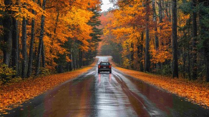 Poster - A car travels down a wet road surrounded by tall trees adorned in vivid autumn colors. The ground is covered in fallen leaves, creating a picturesque scene of nature's beauty in October.
