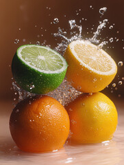 Fresh lemon, lime, and oranges splashing in water create vibrant scene