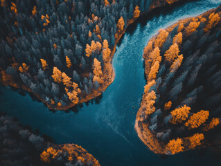 Wall Mural - Aerial view of winding river surrounded by vibrant autumn trees, showcasing natures beauty