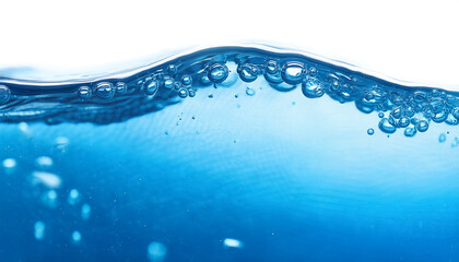 fresh blue natural drink water wave wide panorama with bubbles concept, isolated on a white background