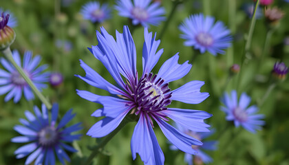 Blue cornflower blossom or centaurea cyanus. Cornflower herb or bachelor button flower in garden. Centaurea montana. Slow motion.