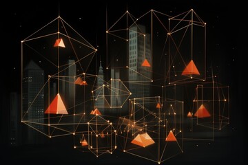 Poster - Abstract cityscape featuring geometric buildings illuminated with dark lights for a modern aesthetic