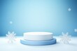 © SerPhoto - Round podium for product display on blue background with white snowflake, winter season.