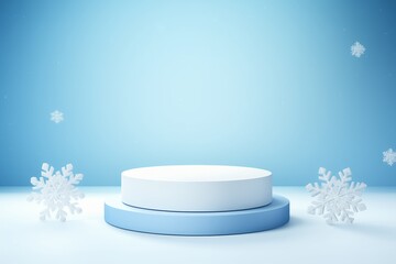 round podium for product display on blue background with white snowflake, winter season.