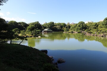 Ryotei House and Dai-Sensui Pond in Kiyosumi Garden, Tokyo, Japan