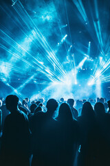 nightclub photography, dark techno club with people dancing and laser lights shining in the background, blue lighting