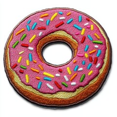 donut with pink frosting embroidered patch badge on isolated white background, vector badge and patc