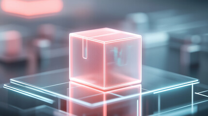 parcel box with holographic design on a glass table, illuminated by cool neon lights, modern, high-t