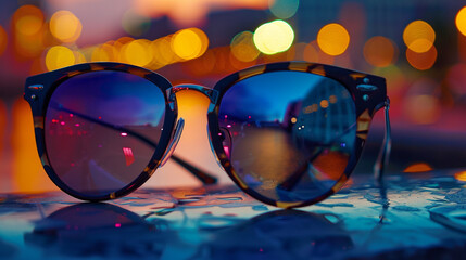 A close-up of a pair of outlandish sunglasses with oversized, irregularly shaped lenses, reflecting bright city lights.