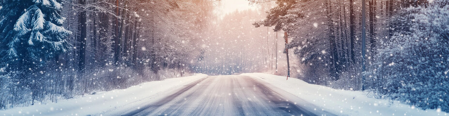 Wall Mural - Beautiful winter road in the forest with snow and sunlight, panoramic banner, snowing, snow-covered trees on both sides of the asphalt highway. The car is driving along it.