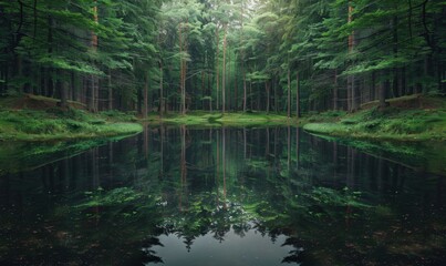 Poster - Reflection of a tranquil forest in a still pond, nature's symmetry 4K hyperrealistic photo.