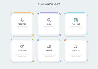 6 clean infographic design shaped elements template, symbolizing the six stages of business strategy and progression. Progress bar or timeline. Vector for presentation, web site or app.