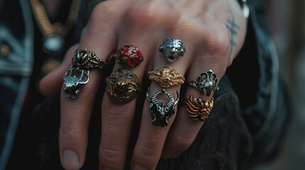 A close shot of a personâs hand wearing a collection of surreal rings in the shapes of tiny animals and abstract forms.