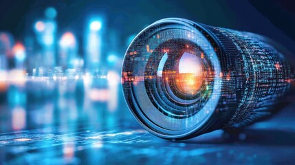 Poster - A Camera Lens Reflecting a Cityscape at Night
