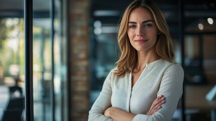 Poster - Confident business woman standing with arms crossed in an office.