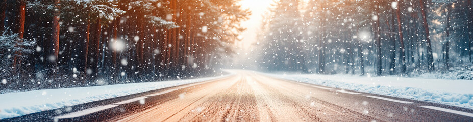 Wall Mural - Beautiful winter road in the forest with snow and sunlight, panoramic banner, snowing, snow-covered trees on both sides of the asphalt highway. The car is driving along it.