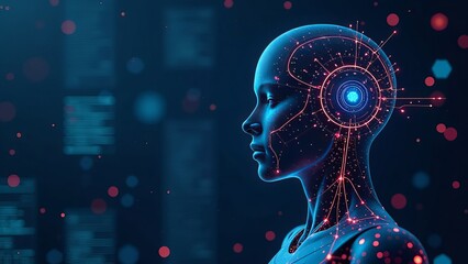 Poster - holographic human brain above a glowing man body. concept about artificial intelligence, deep learni