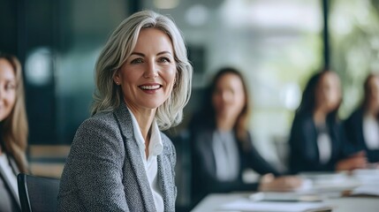 Poster - Mature business woman leading a team meeting in an office. 