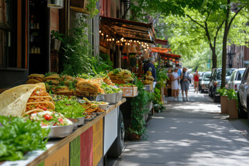 A Busy Sidewalk Filled With Food Trucks Offering Diverse Cuisine, From Falafel To Tacos, With Patrons Lined Up Eagerly Waiting For Their Meals, Capturing The Multicultural Essence Of New York