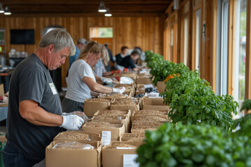 Poster - A Group Of Volunteers Assembling Food Packages In A Community Center, Showcasing A Collaborative Effort To Support The Less Fortunate