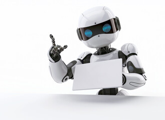 A white robot with blue lights holds a blank advertising sign on a light background and shows a thumbs up