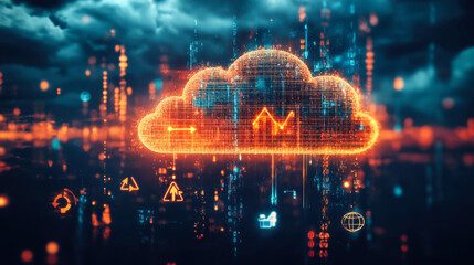 Poster - digital cloud symbol with glowing connections representing data exchange and technology in a futuris