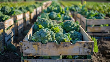 Wall Mural - Freshly Harvested Broccoli Heads in Wooden Crates