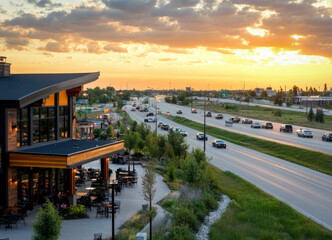 Wall Mural - An Aerial View Of A Fast Food Restaurant Situated Near A Highway, With Cars Lined Up In The Drive-Thru And A Large Parking Lot, Illustrating Its Accessibility And Popularity