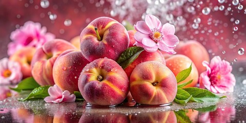 Fisheye photo of pink peaches, flowers, and water droplets in vibrant colors