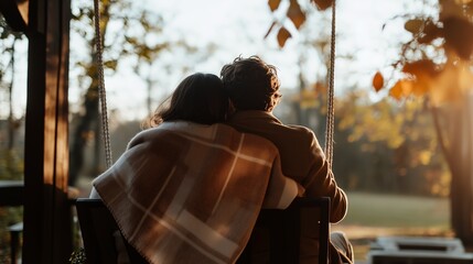 Cozy couple enjoying a sunset together on a swing in a serene autumn setting surrounded by colorful foliage