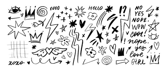 Aufkleber - Funky crayon drawn doodles for girls. Cute punk style pencil elements and stickers for hand drawn notes and design. Vector scribbles, crowns and text in childish girly style. Ink illustration.