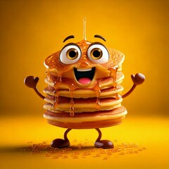 Canvas Print - Cute Cartoon Happy Dancing Stack of Pancakes with Syrup Character with Big Eyes